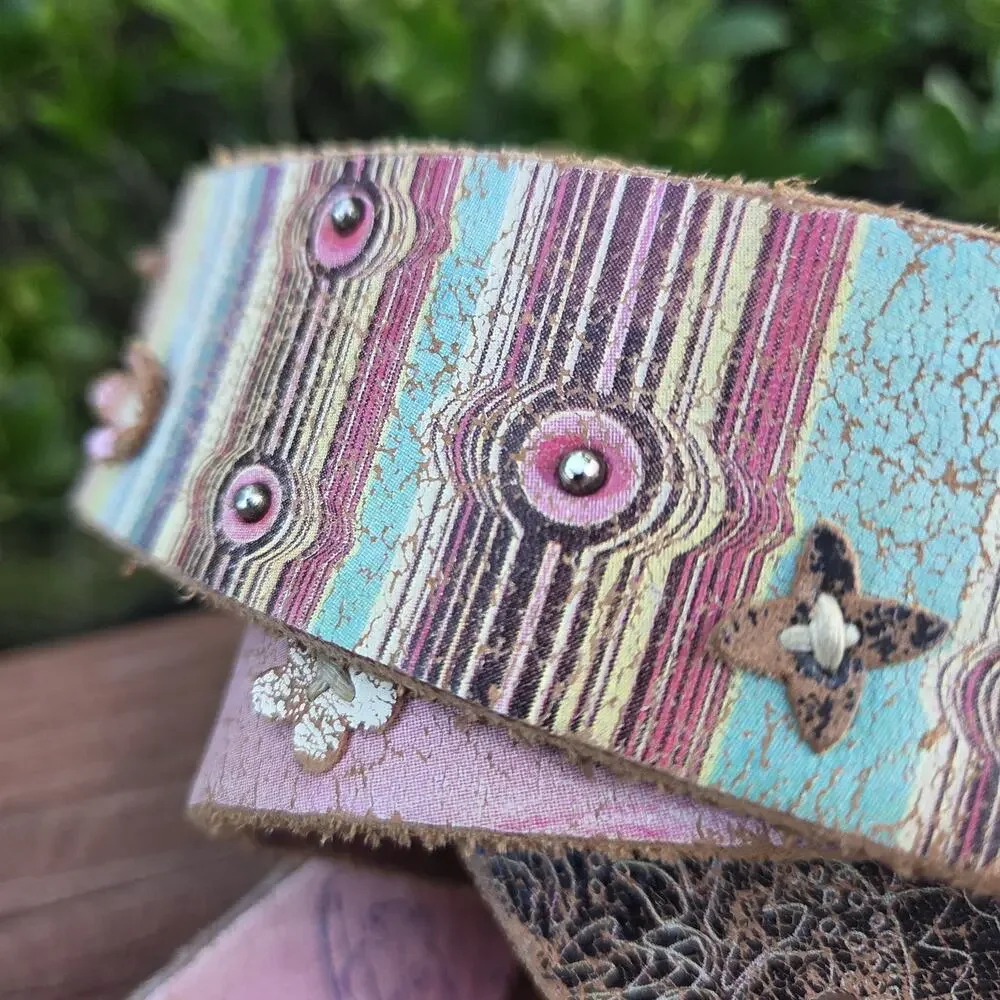 Fossil Boho Floral Leather Belt Pink Turquoise Whipstitch Western Festival L